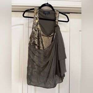 ROBERT RODRIGUEZ | Olive Green Silk & Sequin Sleeveless Draped Top
